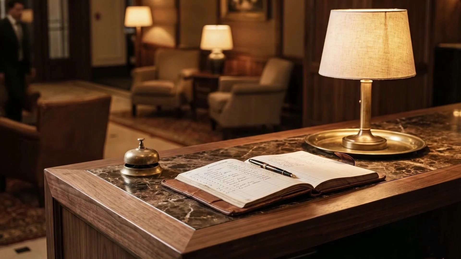 Le comptoir d’accueil d’un restaurant, le carnet de réservation ouvert sous une lampe