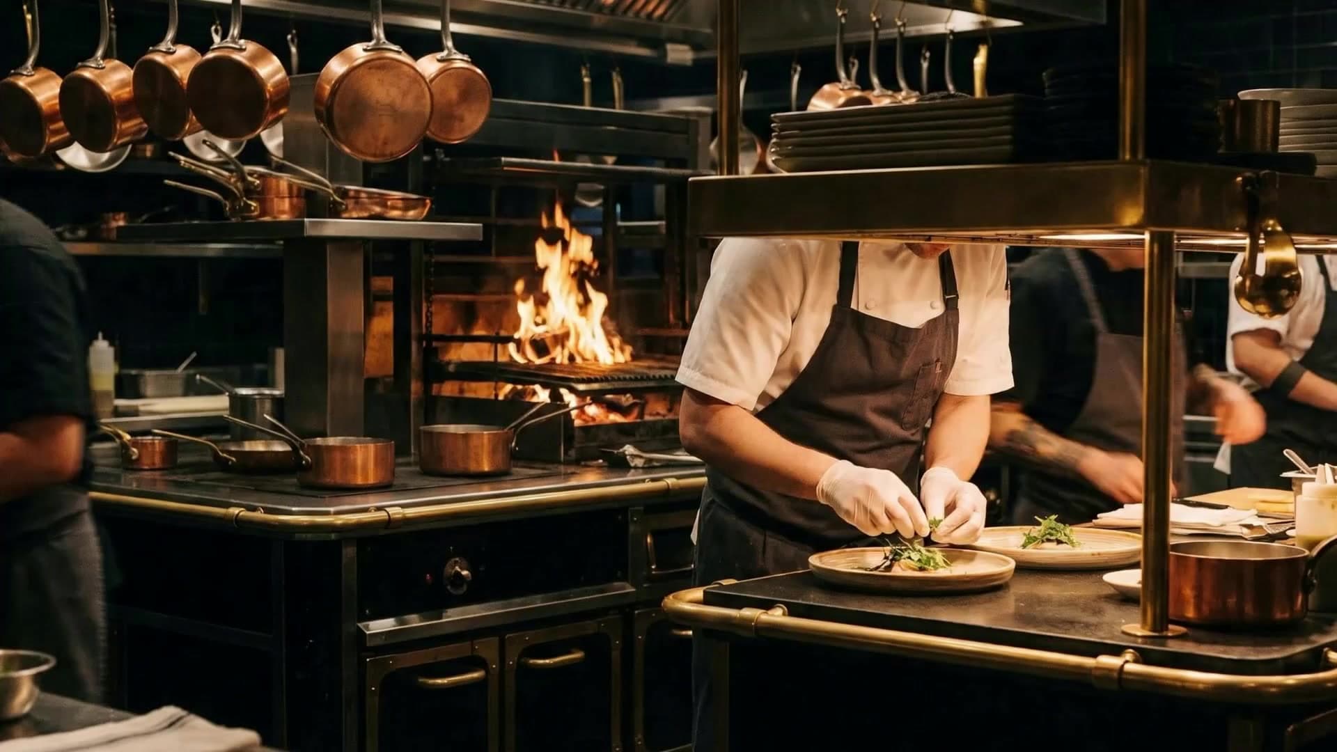 Dans une cuisine ouverte, un chef dresse une assiette devant un feu de bois