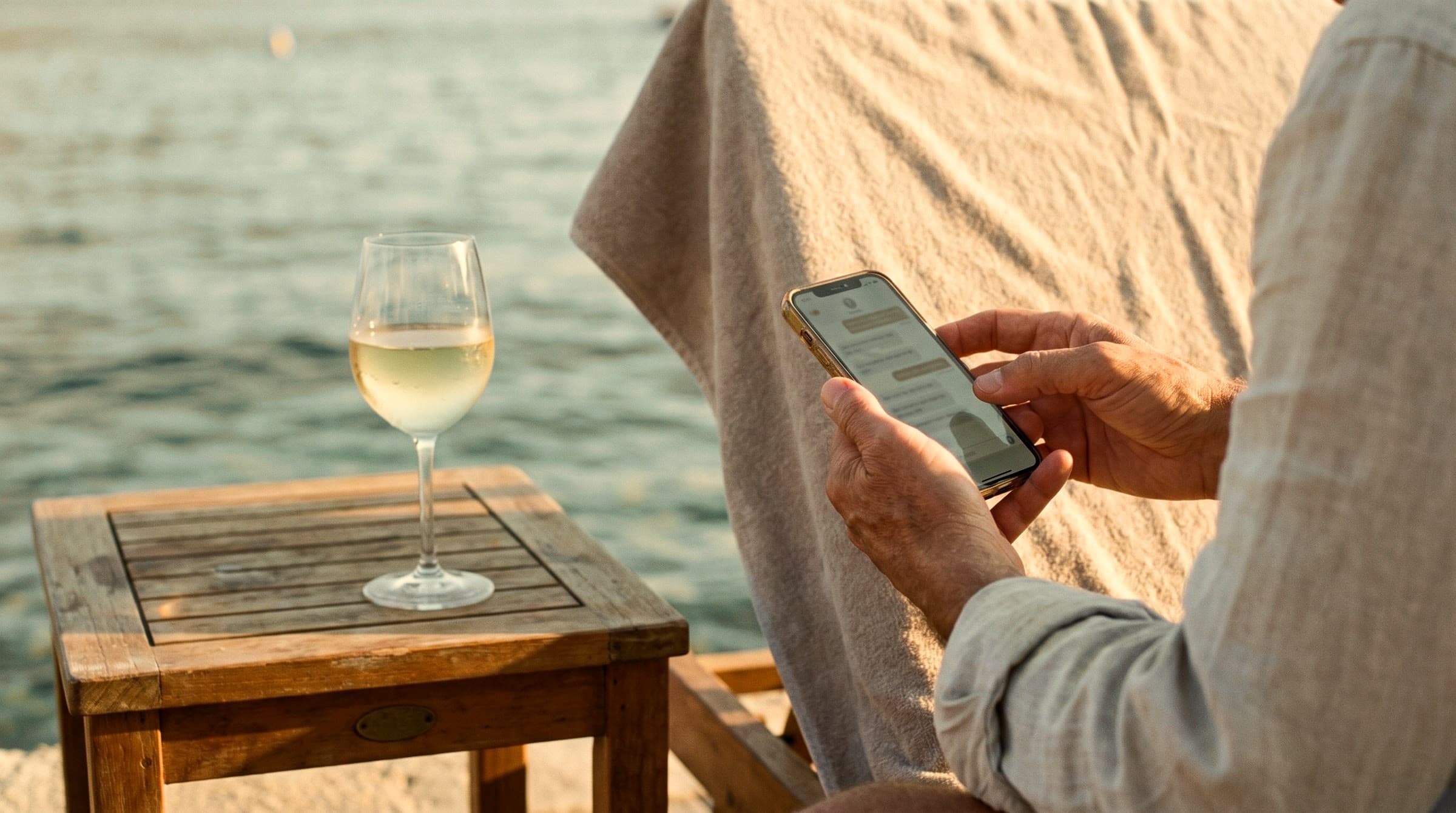 Depuis un transat, un client écrit un message sur son téléphone, un verre de vin à côté