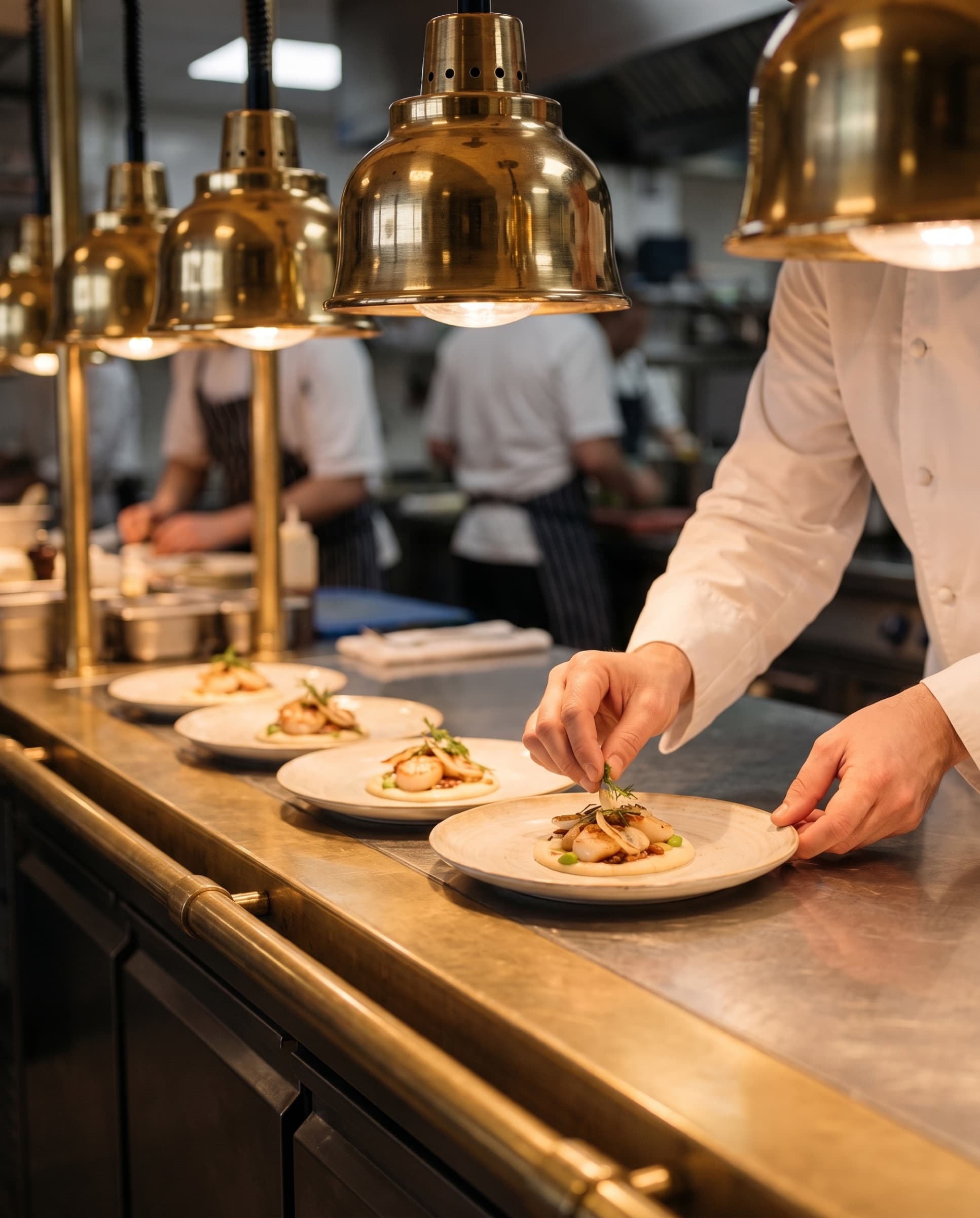 At the kitchen pass, a chef finishes plates under brass lamps