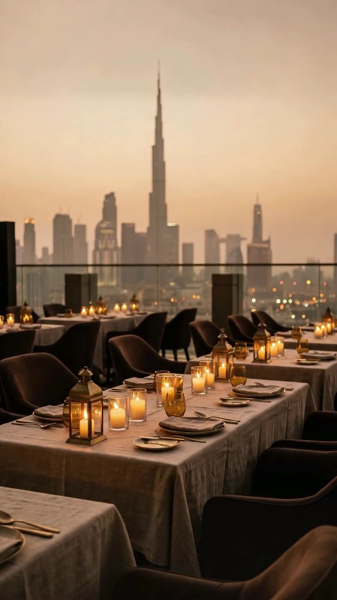 Un rooftop de restaurant à Dubaï, bougies allumées face à la ville