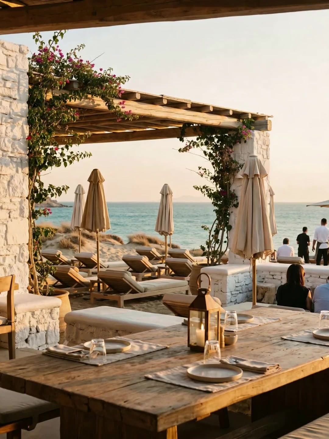 Un beach club sur une île grecque, parasols et tables face à la mer
