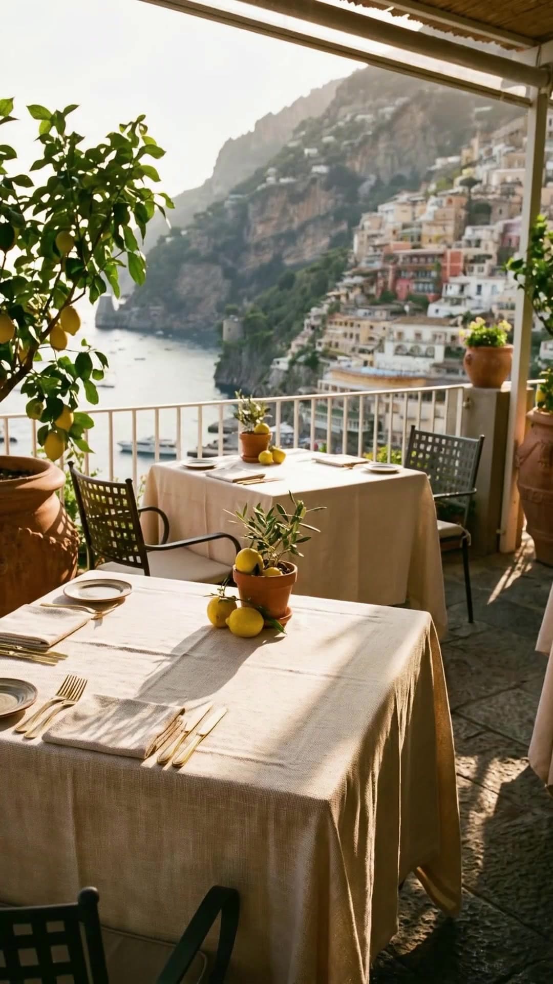 Une terrasse de restaurant à Positano, face à la mer