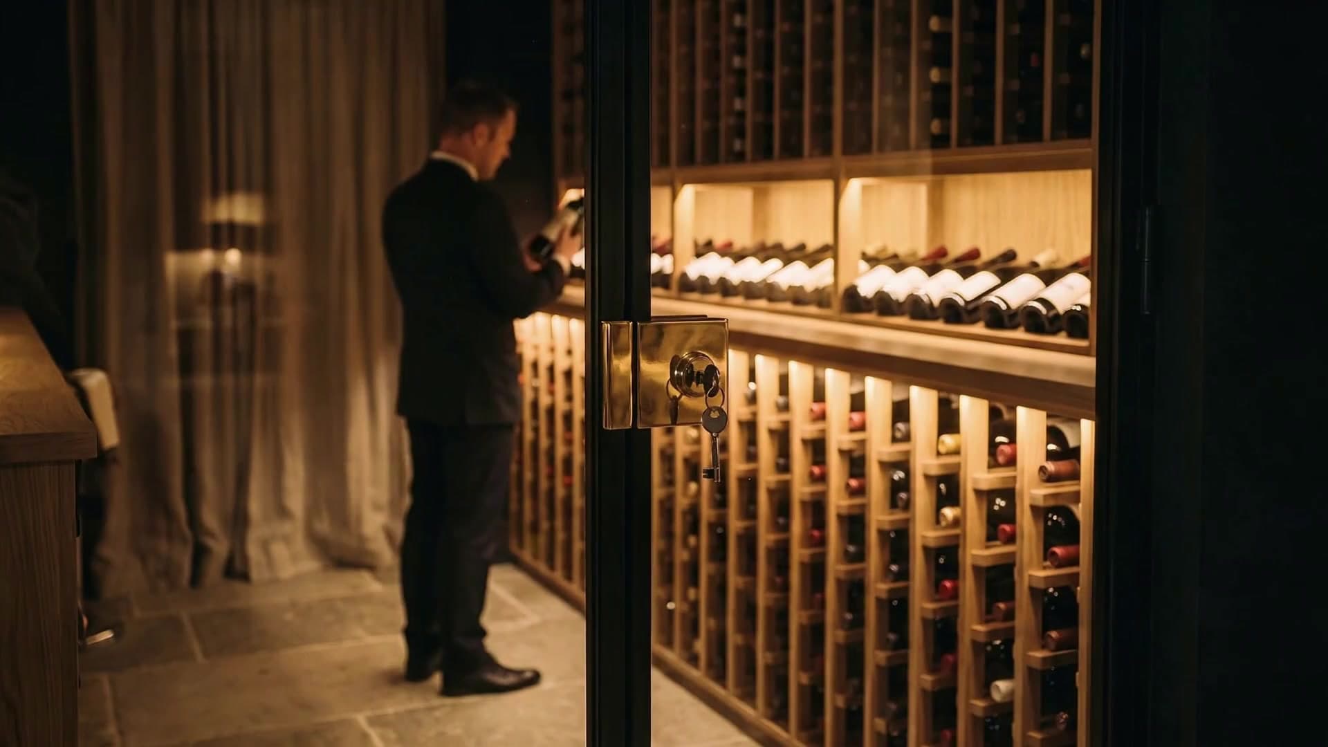 Derrière la porte vitrée d’une cave à vin, un maître d’hôtel examine une bouteille
