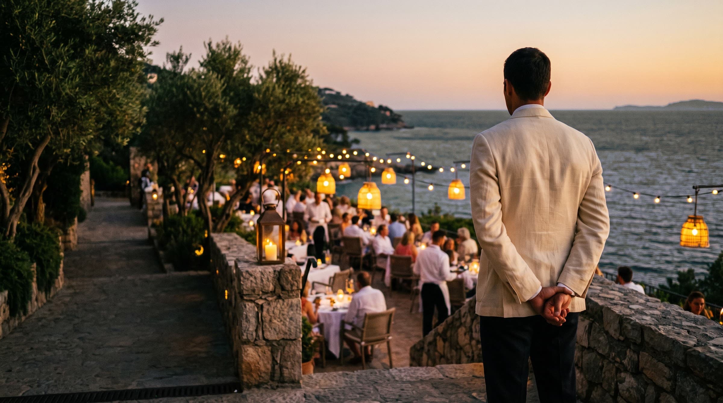 Au crépuscule, un maître d’hôtel, mains dans le dos, veille sur une terrasse en plein service face à la mer