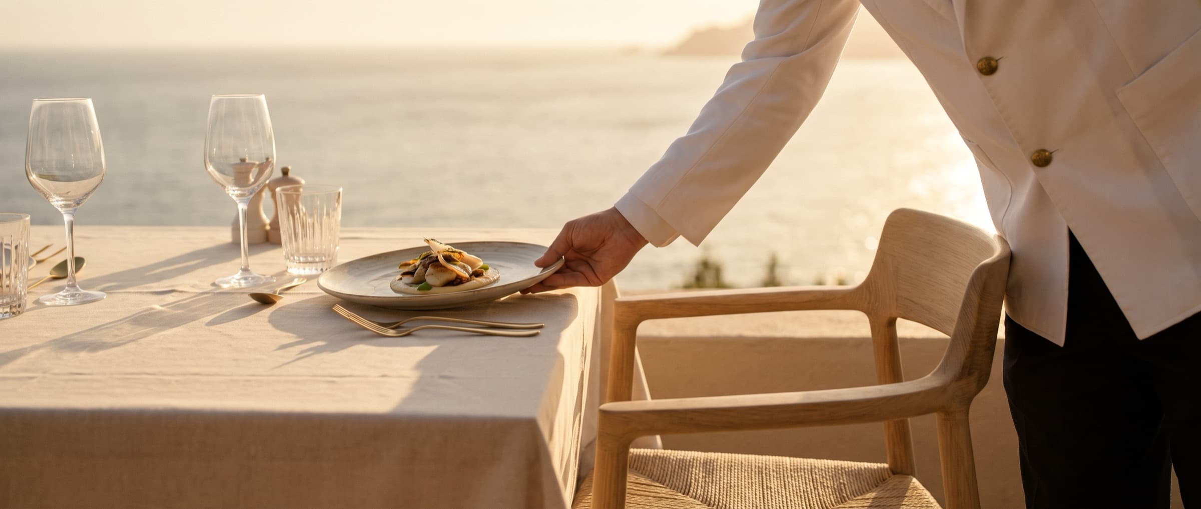 A waiter serving a table on a seaside terrace